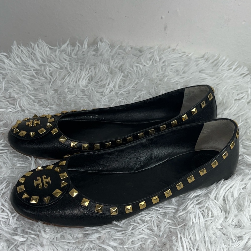 Tory Burch Black Flats Dale Gold Studs Flats - Picture 2 of 11